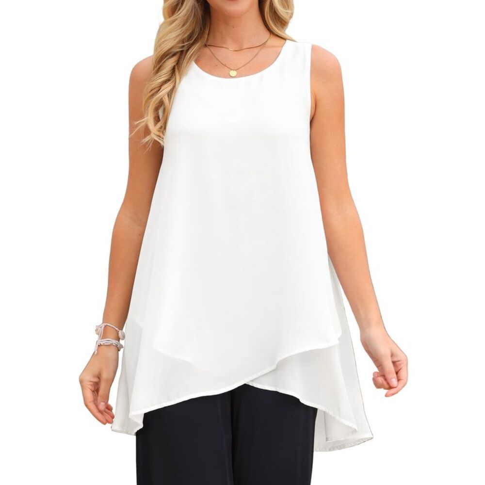 Women's High Low Top Sleeveless Chiffon Blouse Crewneck Summer Tops White